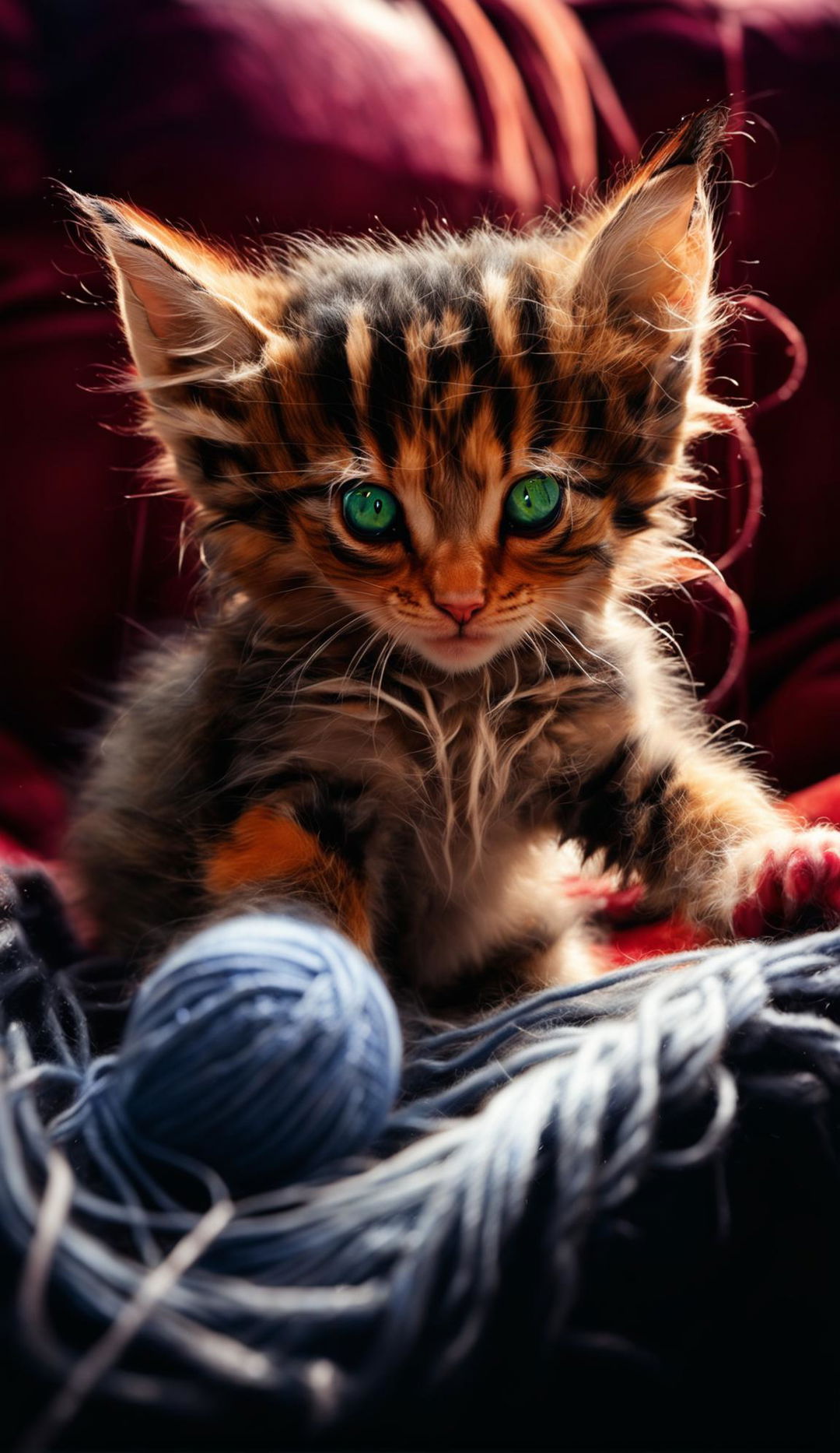 A high-resolution stock image of a playful calico kitten mid-pounce on a bright blue ball of yarn in a warmly lit room.