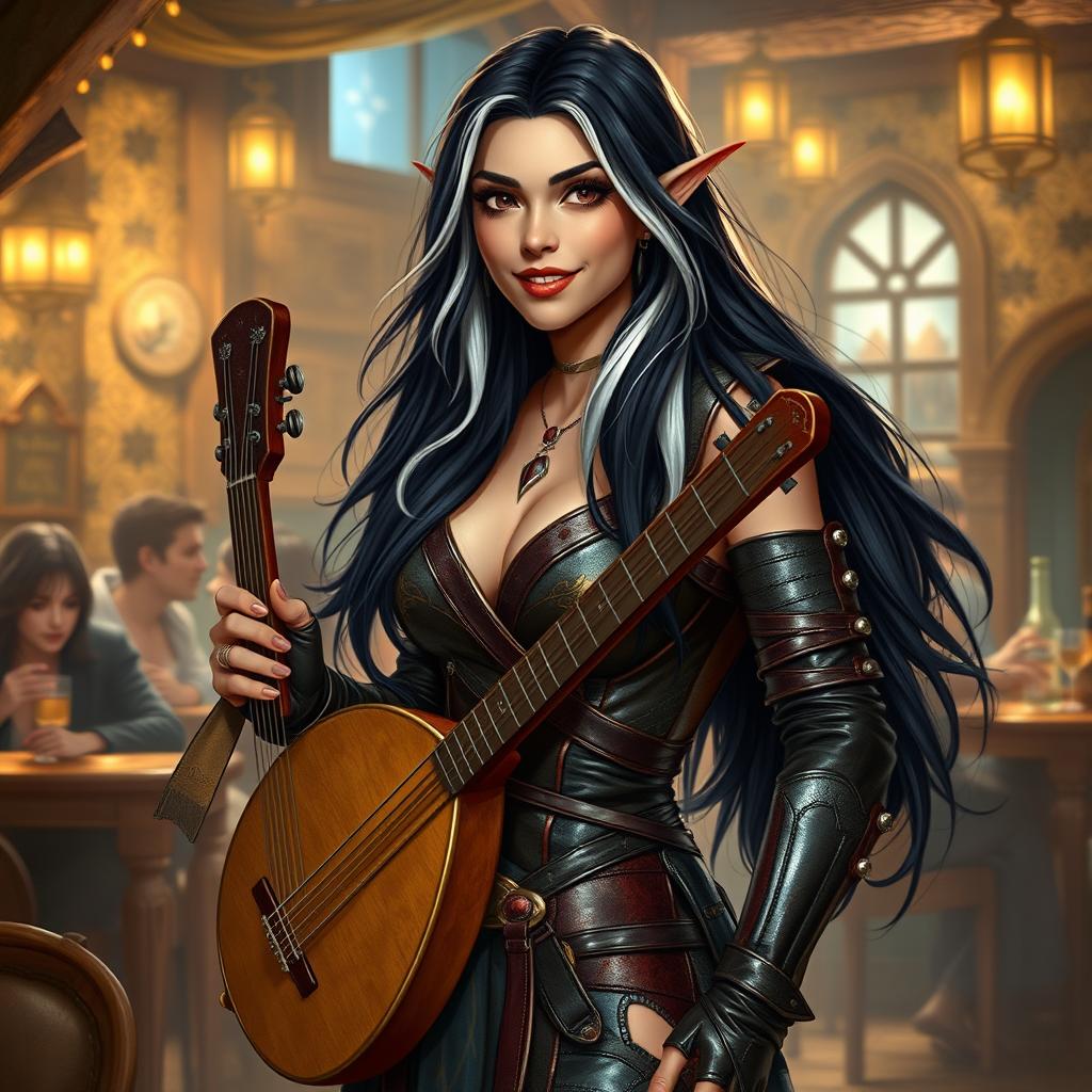 A full-body portrait of Adzira, a mature half-elf bard around 30 years old, with long, flowing black hair featuring striking white streaks