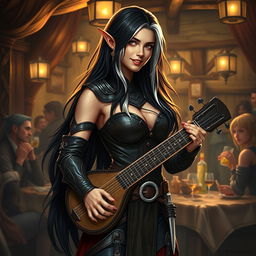 A full-body portrait of Adzira, a mature half-elf bard around 30 years old, with long, flowing black hair featuring striking white streaks