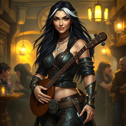 A full-body portrait of Adzira, a mature half-elf bard around 30 years old, with long, flowing black hair featuring striking white streaks