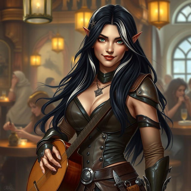 A full-body portrait of Adzira, a mature half-elf bard around 30 years old, with long, flowing black hair featuring striking white streaks