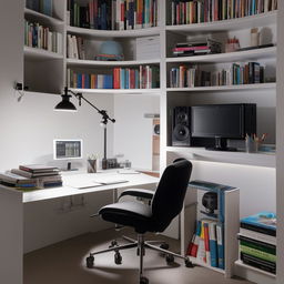 A well-lit study room design with bookshelves, a comfortable chair and a desk populated with study materials. One corner of the room is converted into a Youtube studio with recording equipment, a backdrop, and professional lighting.