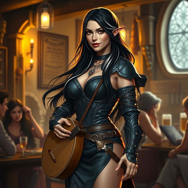 A full-body portrait of Adzira, a mature half-elf bard around 30 years old, with long, flowing black hair featuring striking white streaks