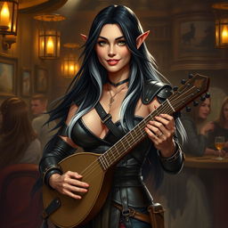 A full-body portrait of Adzira, a mature half-elf bard around 30 years old, with long, flowing black hair featuring striking white streaks