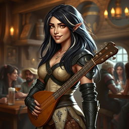 A full-body portrait of Adzira, a mature half-elf bard around 30 years old, with long, flowing black hair featuring striking white streaks