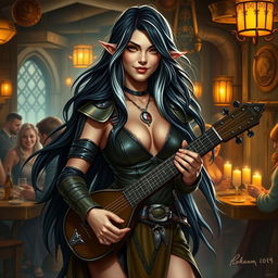 A full-body portrait of Adzira, a mature half-elf bard around 30 years old, with long, flowing black hair featuring striking white streaks