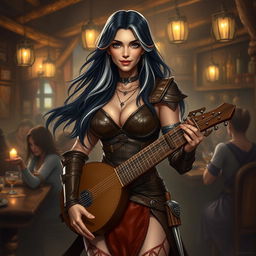 A full-body portrait of Adzira, a mature half-elf bard around 30 years old, with long, flowing black hair featuring striking white streaks