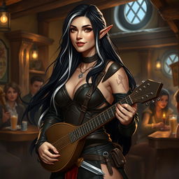 A full-body portrait of Adzira, a mature half-elf bard around 30 years old, with long, flowing black hair featuring striking white streaks