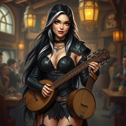 A full-body portrait of Adzira, a mature half-elf bard around 30 years old, with long, flowing black hair featuring striking white streaks