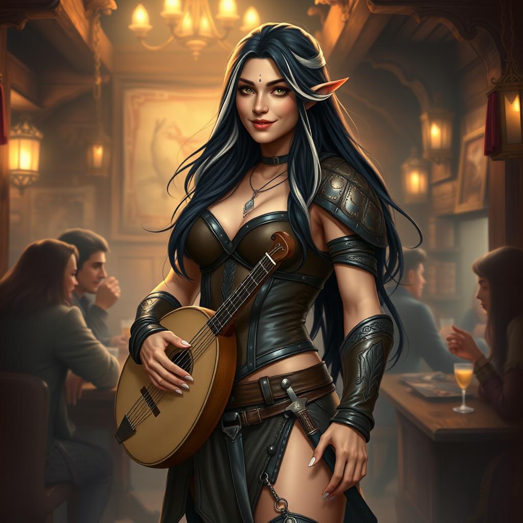 A full-body portrait of Adzira, a mature half-elf bard around 30 years old, with long, flowing black hair featuring striking white streaks