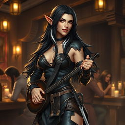 A full-body portrait of Adzira, a mature half-elf bard around 30 years old, with long, flowing black hair featuring striking white streaks