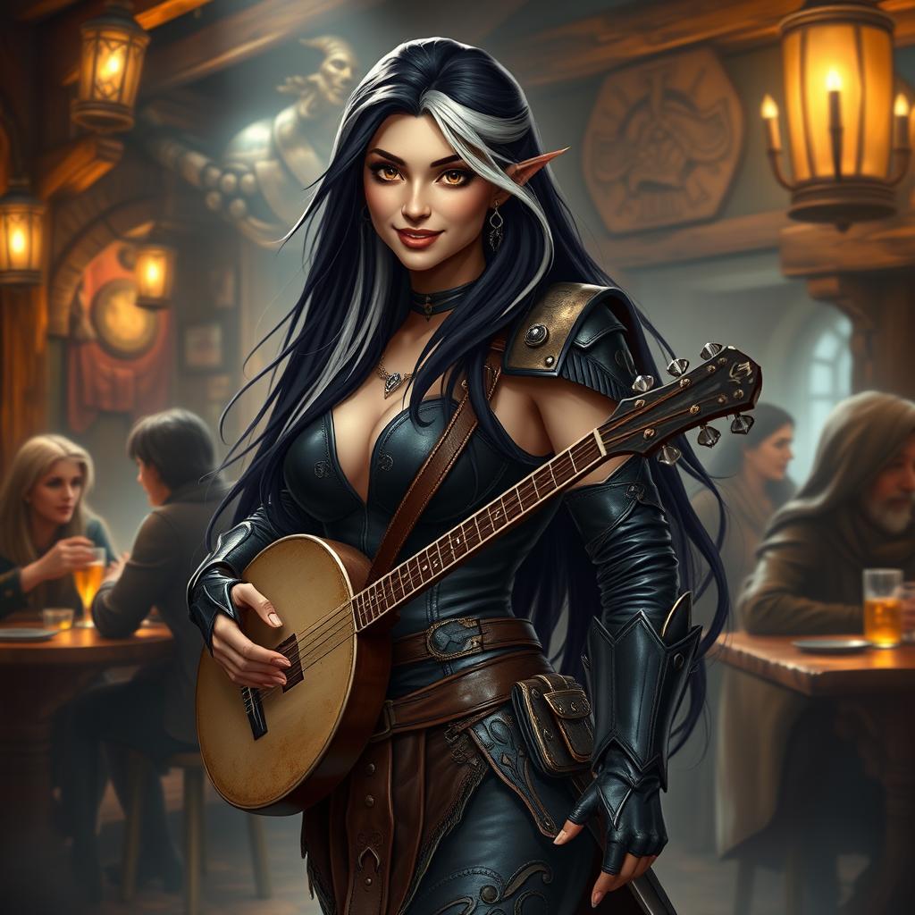 A full-body portrait of Adzira, a mature half-elf bard around 30 years old, with long, flowing black hair featuring striking white streaks