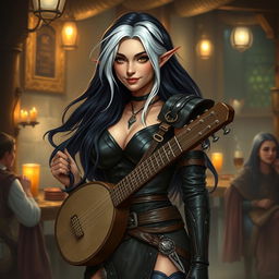 A full-body portrait of Adzira, a mature half-elf bard around 30 years old, with long, flowing black hair featuring striking white streaks