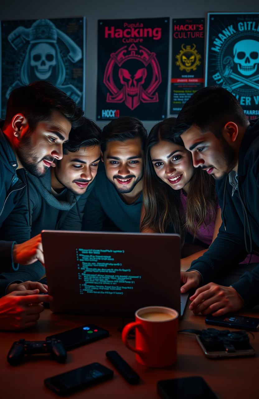 A scene depicting a group of friends gathered around a laptop, intensely focused on a digital screen filled with code and hacking tools