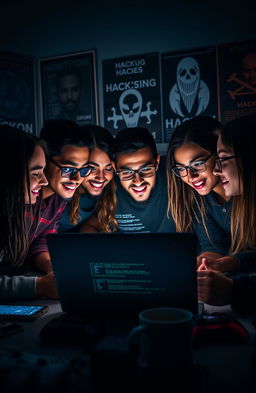 A scene depicting a group of friends gathered around a laptop, intensely focused on a digital screen filled with code and hacking tools