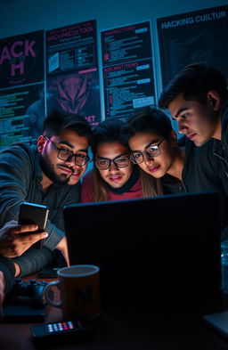 A scene depicting a group of friends gathered around a laptop, intensely focused on a digital screen filled with code and hacking tools