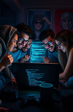 A scene depicting a group of friends gathered around a laptop, intensely focused on a digital screen filled with code and hacking tools