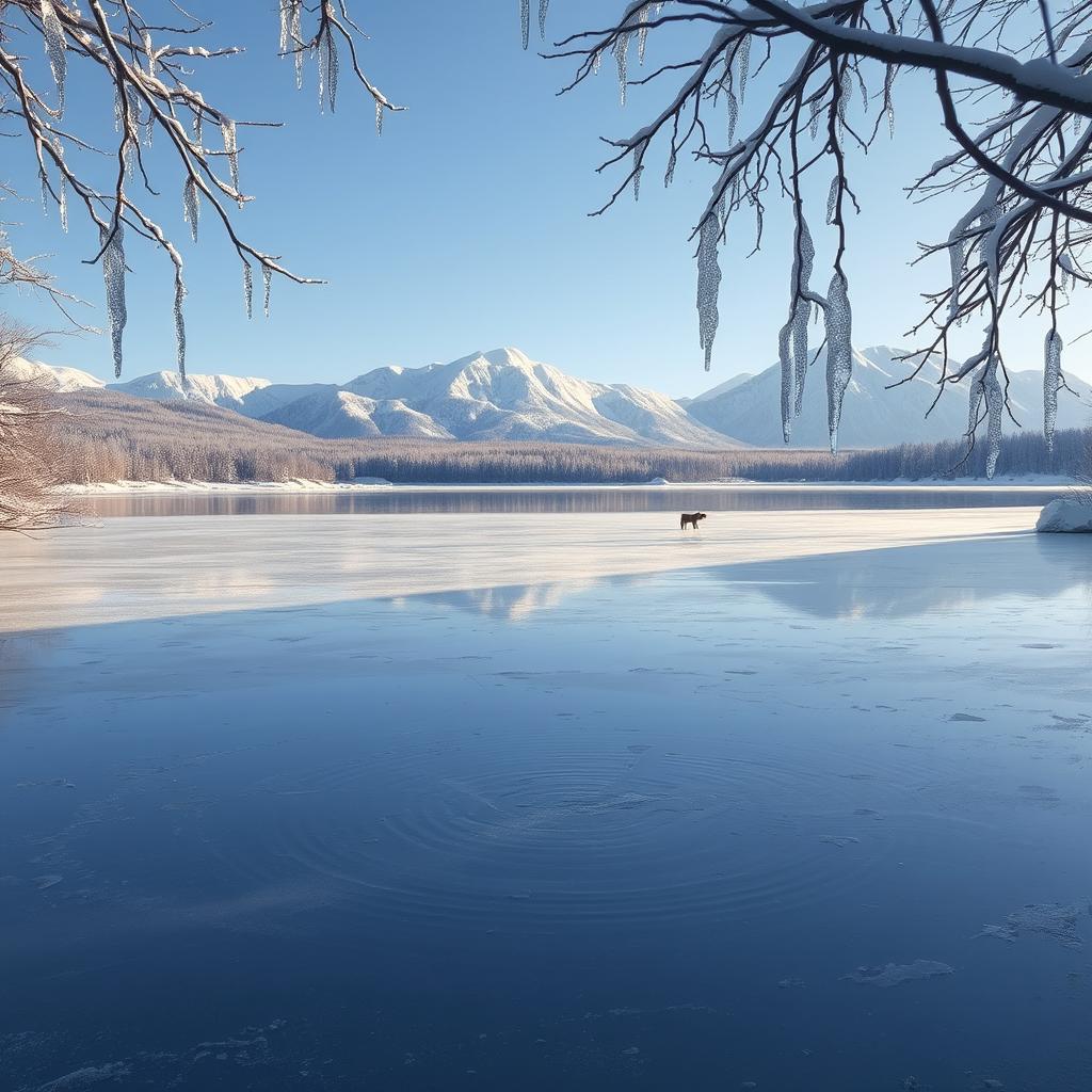 A serene winter landscape showcasing a thin layer of ice covering a tranquil lake, reflecting the soft light of the pale winter sun