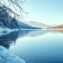 A serene winter landscape showcasing a thin layer of ice covering a tranquil lake, reflecting the soft light of the pale winter sun