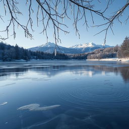 A serene winter landscape showcasing a thin layer of ice covering a tranquil lake, reflecting the soft light of the pale winter sun