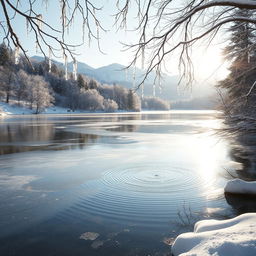 A serene winter landscape showcasing a thin layer of ice covering a tranquil lake, reflecting the soft light of the pale winter sun