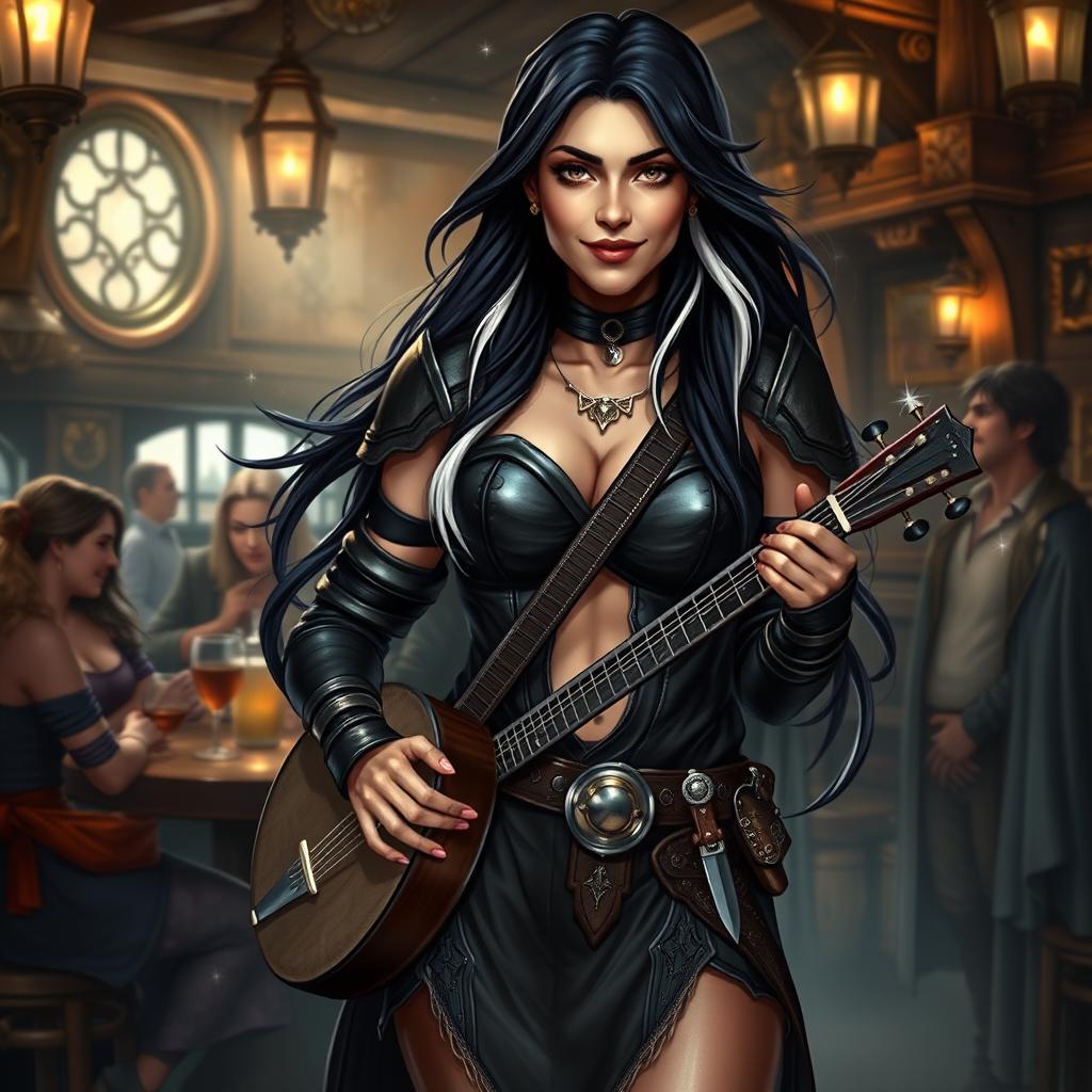 A full-body portrait of Adzira, a mature half-elf bard around 30 years old, with long, flowing black hair featuring striking white streaks