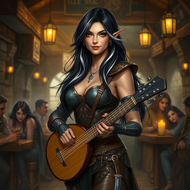 A full-body portrait of Adzira, a mature half-elf bard around 30 years old, with long, flowing black hair featuring striking white streaks