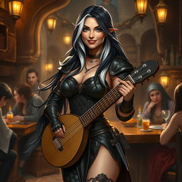 A full-body portrait of Adzira, a mature half-elf bard around 30 years old, with long, flowing black hair featuring striking white streaks