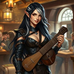 A full-body portrait of Adzira, a mature half-elf bard around 30 years old, with long, flowing black hair featuring striking white streaks