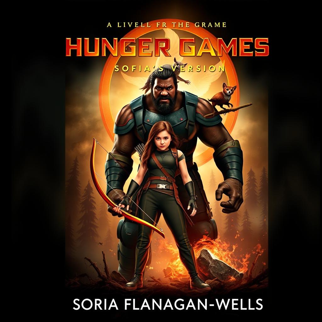 A captivating book cover design for 'Hunger Game's-Sofia's Version' by Sofia Flanagan-Wells featuring Katniss Everdeen, Thresh, and Rue