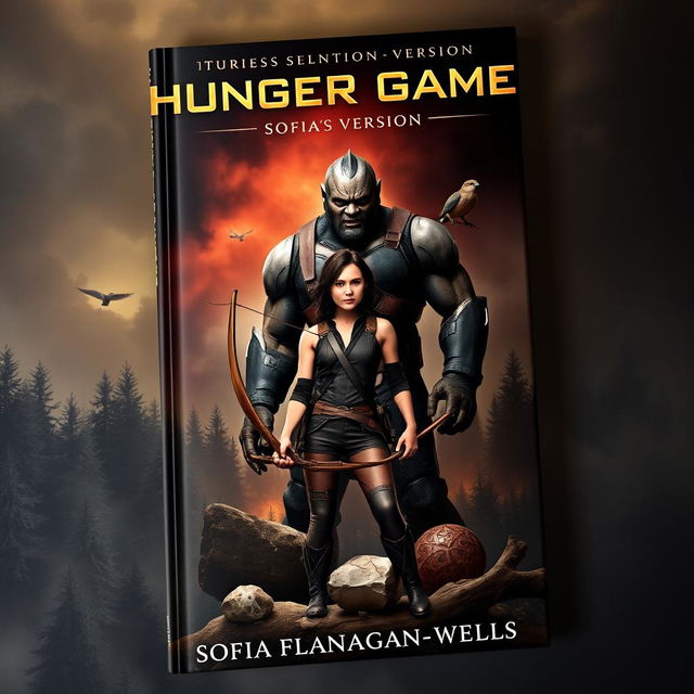 A captivating book cover design for 'Hunger Game's-Sofia's Version' by Sofia Flanagan-Wells featuring Katniss Everdeen, Thresh, and Rue