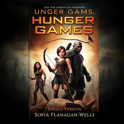 A captivating book cover design for 'Hunger Game's-Sofia's Version' by Sofia Flanagan-Wells featuring Katniss Everdeen, Thresh, and Rue