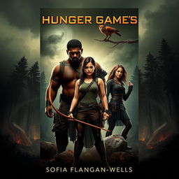 A captivating book cover design for 'Hunger Game's-Sofia's Version' by Sofia Flanagan-Wells featuring Katniss Everdeen, Thresh, and Rue