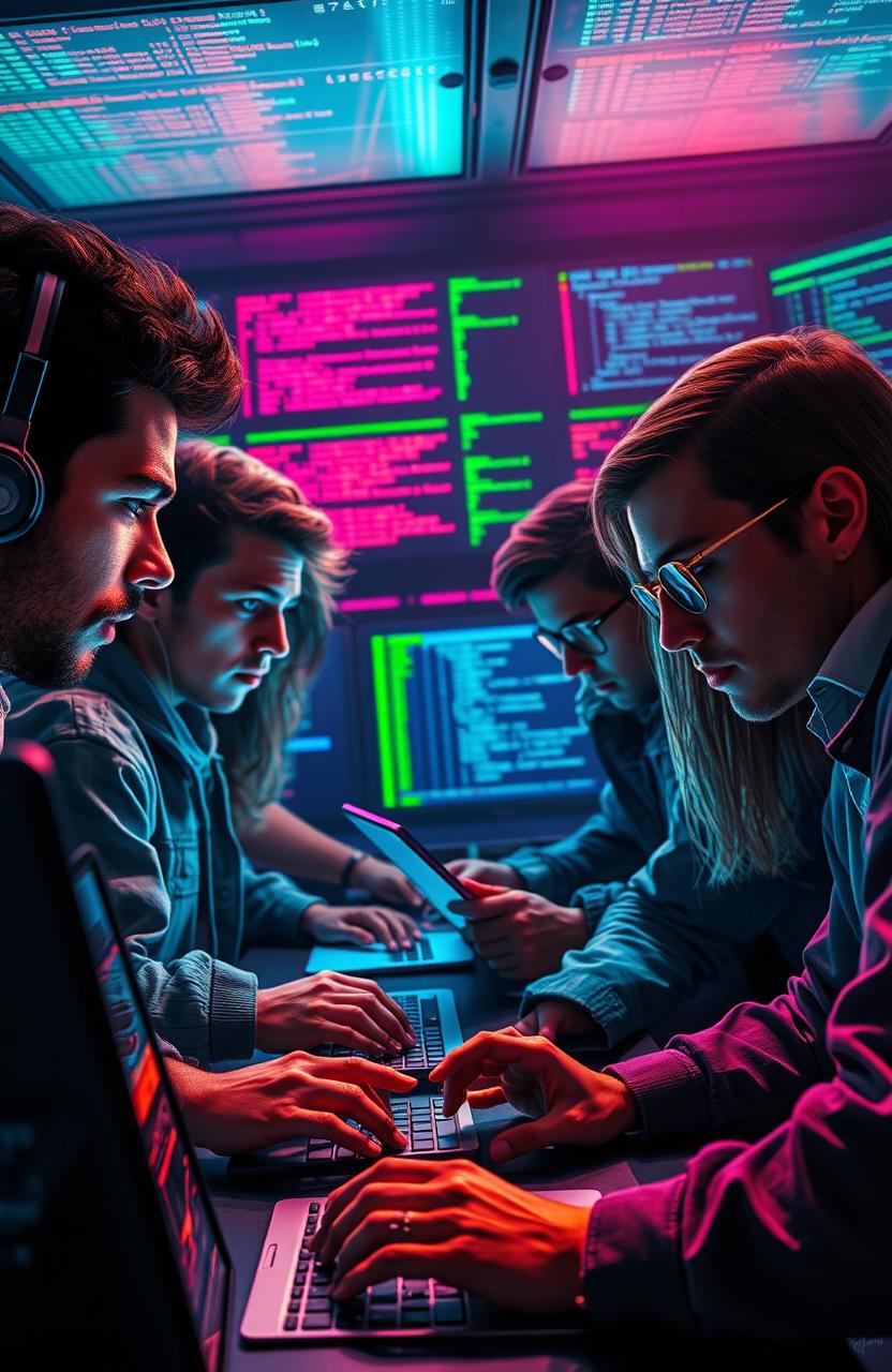 A digital art scene depicting a group of friends collaborating on a computer hack in a dimly lit room filled with screens displaying code and data streams