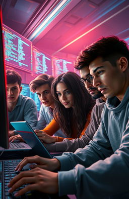 A digital art scene depicting a group of friends collaborating on a computer hack in a dimly lit room filled with screens displaying code and data streams