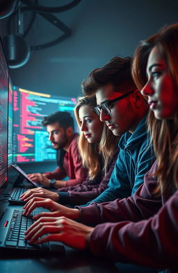 A digital art scene depicting a group of friends collaborating on a computer hack in a dimly lit room filled with screens displaying code and data streams