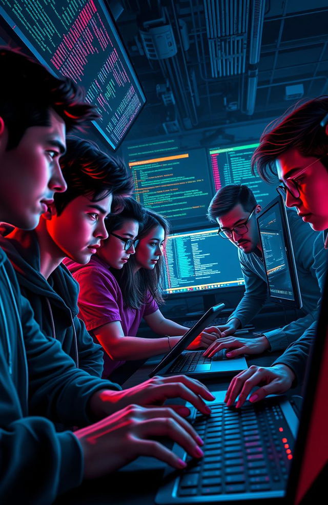 A digital art scene depicting a group of friends collaborating on a computer hack in a dimly lit room filled with screens displaying code and data streams