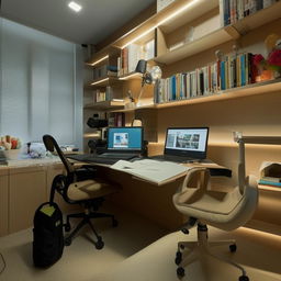 A well-lit study room design with bookshelves, a comfortable chair and a desk populated with study materials. One corner of the room is converted into a Youtube studio with recording equipment, a backdrop, and professional lighting.