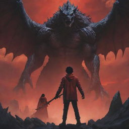 A young man with black hair seen from the back, holding a red sword and wearing a dark red jacket, stands facing the king of monsters in his human form. The setting and characters are portrayed in an anime style.