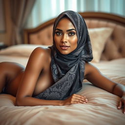 A beautiful woman with a perfect body, elegantly wearing a stylish hijab, is lying gracefully on a plush bed