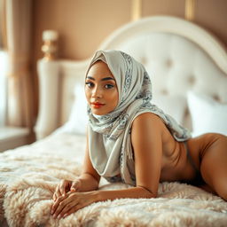 A beautiful woman with a perfect body, elegantly wearing a stylish hijab, is lying gracefully on a plush bed