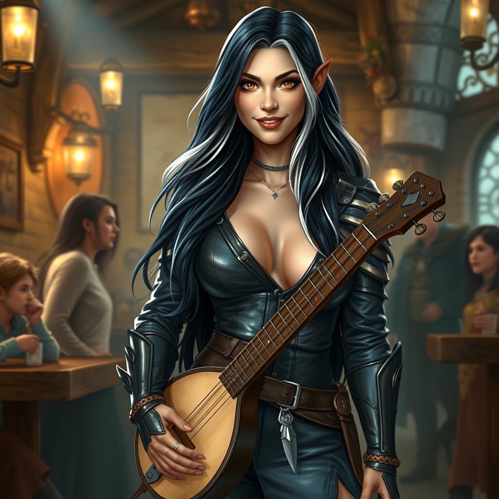 A full-body portrait of Adzira, a mature half-elf bard around 30 years old, with long, flowing black hair featuring striking white streaks