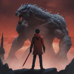 A young man with black hair seen from the back, holding a red sword and wearing a dark red jacket, stands facing the king of monsters in his human form. The setting and characters are portrayed in an anime style.