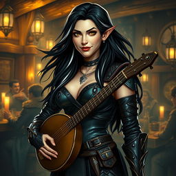 A full-body portrait of Adzira, a mature half-elf bard around 30 years old, with long, flowing black hair featuring striking white streaks