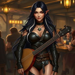 A full-body portrait of Adzira, a mature half-elf bard around 30 years old, with long, flowing black hair featuring striking white streaks