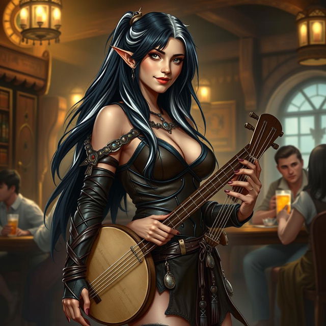 A full-body portrait of Adzira, a mature half-elf bard around 30 years old, with long, flowing black hair featuring striking white streaks