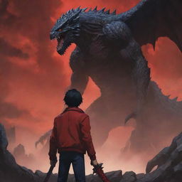 A young man with black hair seen from the back, holding a red sword and wearing a dark red jacket, stands facing the king of monsters in his human form. The setting and characters are portrayed in an anime style.