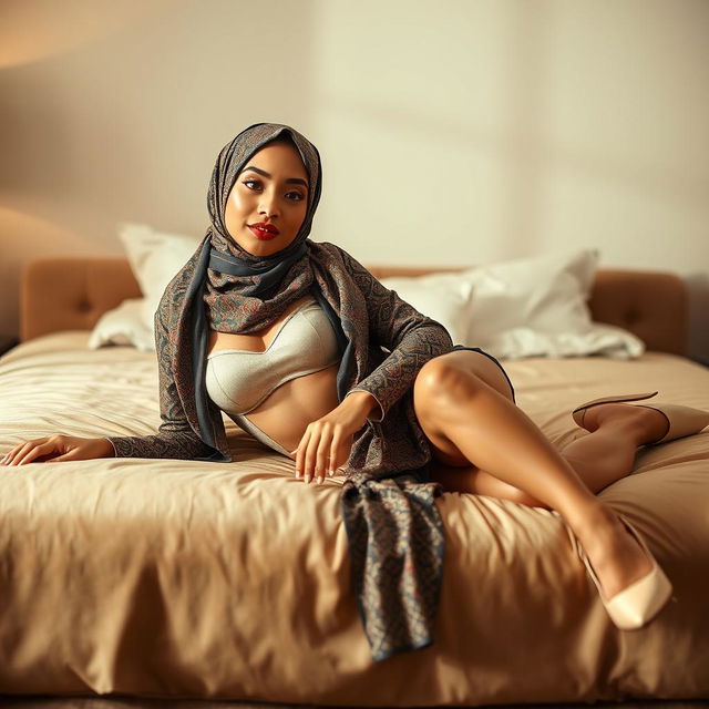 A beautiful woman with a perfect body, elegantly wearing a stylish hijab and fashionable high heels, is lying gracefully on a plush bed