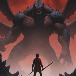 A young man with black hair seen from the back, holding a red sword and wearing a dark red jacket, stands facing the king of monsters in his human form. The setting and characters are portrayed in an anime style.