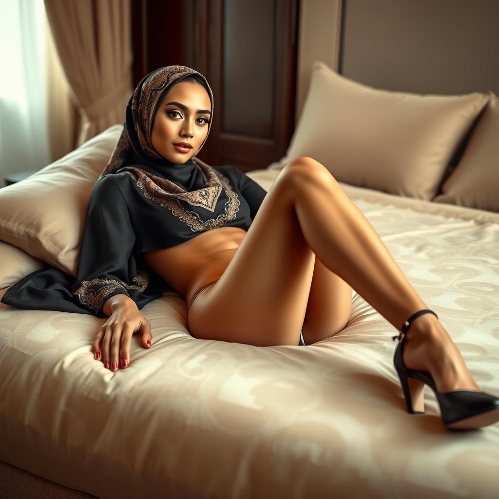 A beautiful woman with a perfect body and flawless legs, elegantly adorned in a stylish hijab and fashionable high heels, is lying gracefully on a plush bed